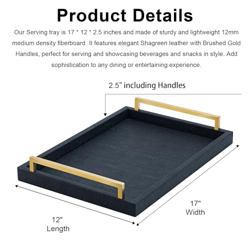 XIGEXIGE Black Faux Leather Serving Tray, 17x12 inches, Brushed Gold Handles, Decorative Tray for Ottoman Coffee Table, Living Room, Kitchen, Bathroom - color: Black, size: 17" x 12" x 2.5"