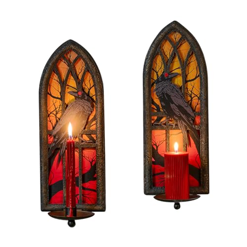 Gothic Wall Candle Sconces Set of 2, Wrought Iron Crow Wall Mounted Candelabra Holder with Removable Trays for Taper & Pillar Candles, Medieval Cathedral Window Design, Dark Academia Decor - color: Crow