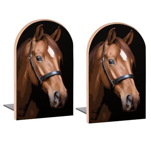 Smart Brown Horse Book Ends Decorative Wood Bookends for Shelves Kids Room Desk Home Office Book Stoppers for Magazines,Books, DVDs, 1 Pair/2 Pieces(5x3.1 in) - color: Smart Brown Horse