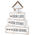 Cinnvoice 4 Pcs Farmhouse Tabletop Decor Rustic Family Blessed Home Table Centerpiece This Is Us Sign for Kitchen Shelf Desk Fireplace Mantel Tiered Tray Decor(Distressed Our Life Story Home) - style: Distressed Our Life Story Home