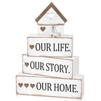Cinnvoice 4 Pcs Farmhouse Tabletop Decor Rustic Family Blessed Home Table Centerpiece This Is Us Sign for Kitchen Shelf Desk Fireplace Mantel Tiered Tray Decor(Distressed Our Life Story Home) - style: Distressed Our Life Story Home