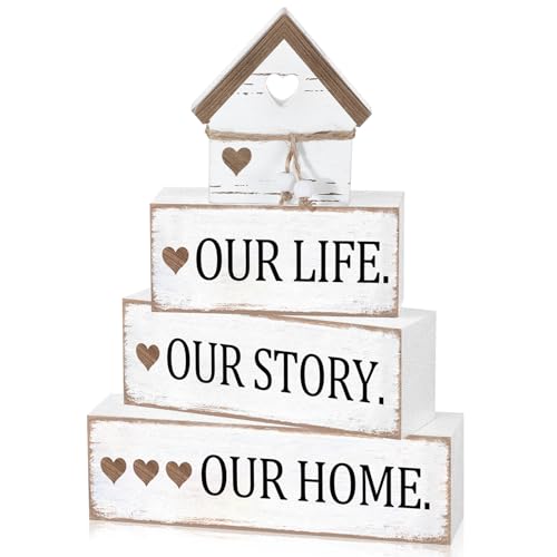 Cinnvoice 4 Pcs Farmhouse Tabletop Decor Rustic Family Blessed Home Table Centerpiece This Is Us Sign for Kitchen Shelf Desk Fireplace Mantel Tiered Tray Decor(Distressed Our Life Story Home) - style: Distressed Our Life Story Home