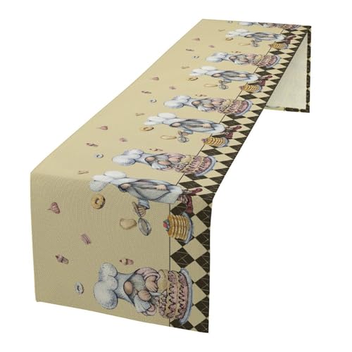 Cartoon Dwarf Chefs Table Runner Delicious Dessert Privacy Retro Lattice Beige Brown Table Runners Kitchen Dining Table for Home Party Decor 13x36in - color: Beige, size: 13x36in