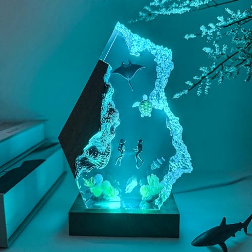 Scuba Diving Resin Ocean Lamp,Handmade 3D Ocean Night Light With Woodden Base,Variable Lights, Scuba Diver Gifts,Diving Enthusiast Collectibles, Unique Birthday Holiday Gifts for Men & Women (L12"x8") - color: Scuba Divers, size: L