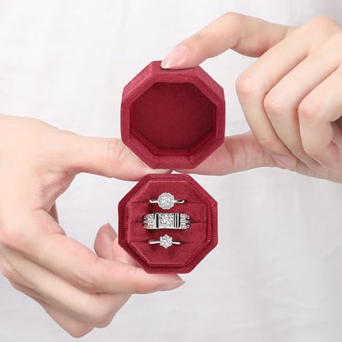 WantGor Velvet Ring Box, 3 Slots Jewelry Ring Gift Box Vintage Ring Display Holder Case for Wedding Ceremony Proposal Engagement (Burgundy) - color: Burgundy