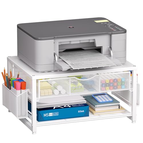 Marbrasse Metal Printer Stand for Desk with Storage Drawer and 2 Pen Holders, 2-Tier Desktop Organizer Printer Table for Home Office, Multi-Purpose Desk Organizer for Fax Machine Scanner Files(White) - color: White