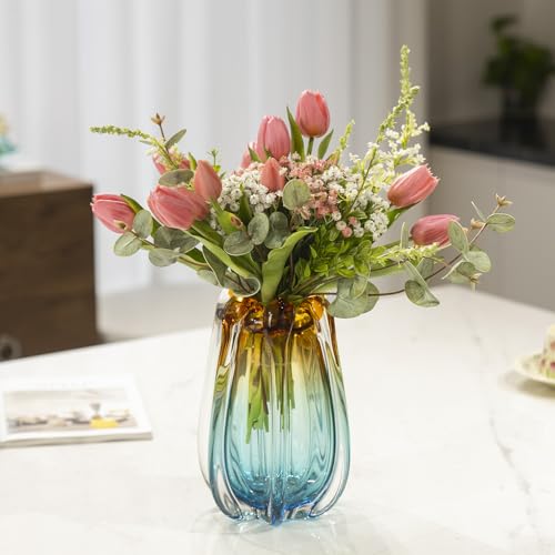 Hand Blown Glass Flower vases, Unique Glass vases, Wide Mouth vases, Small Modern Art Deco Glass vases for Home Living Room, Office, Table centerpieces, Bookshelves and Wedding Decorations