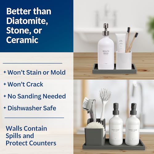 Spacewiser Countertop and Vanity Tray - 2 PC (11” and 7”) Shatterproof Silicone Kitchen and Bathroom Trays for Counter, Kitchen Soap Dispenser Tray, Vanity Trays for Bathroom, Perfume Key Tray - color: Modern Gray, size: Set‐ 1 Small + 1 Large
