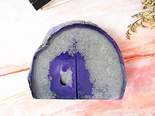 JIC Gem Purple Agate Bookends Geode Book Ends Heavy Duty Crystal Bookends Decorativer with Rubber Bumpers (1 Pair, 4-6 LBS) - color: Purple Dyed, size: 4-6LBS.