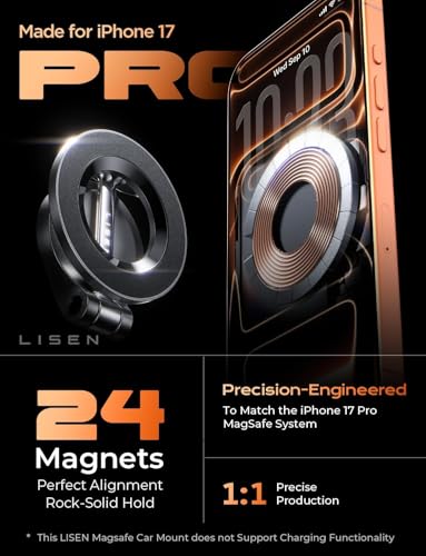 LISEN for MagSafe Car Mount for iPhone 17 Pro Max [24 Strong Magnets] Classic Magnetic Phone Holder for Car Dashboard Magnet Phone Mount Car Cell Phone Holder for iPhone 17 Pro Max Air 16 15 14 13 12 - color: Black, size: Driver Setup