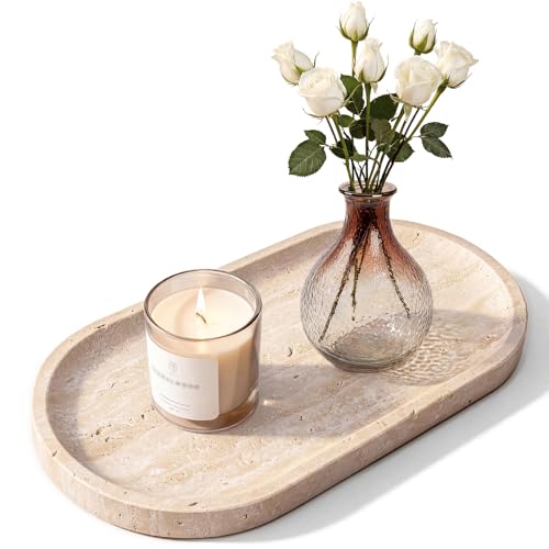 Natural Italian Travertine Tray Oval Decorative Marble Vanity Tray for Bathroom Countertop Hand-Polished Organizer for Kitchen Soap Jewelry Coffee Table Beige (11.8X5.9 Inch)