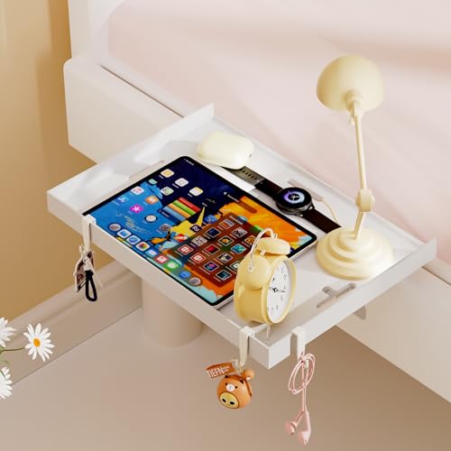 Foldable Bedside Shelf, Metal Clip-On Bed Tray Table for Bunk Bed & Dorm Beds, Dorm Room Essentials Organizer for College Students, Floating Tray, Space Saving Nightstand for Loft Beds (White, Large) - color: White, size: Large