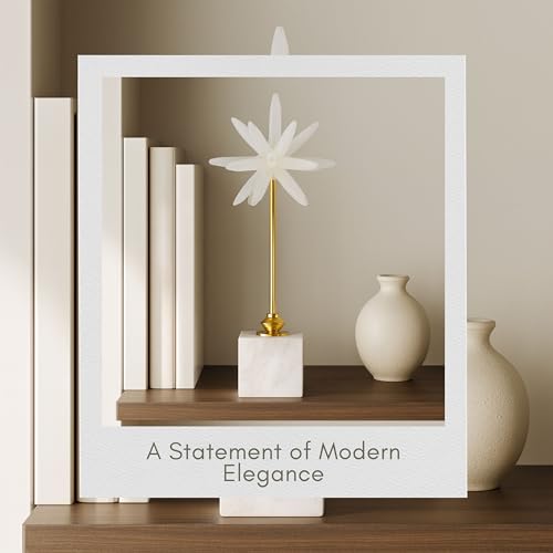Mystique Small Starburst Statuary – Modern Decorative Object with Marble Base, Metal Stem and Sculptural Flower Top – Contemporary Home Decor Accent for Shelves Tables and Desks, 17", White & Gold - size: 17"
