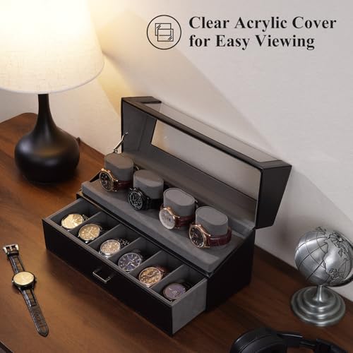 ProCase Watch Case for Men, 10 Slot Watch Display Stand with Acrylic Lid, Watch Display Case with Drawer, 2-Layer Mens Watch Box, Watch Holder Organizer for Men Women -Black - color: Black
