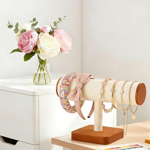 Wooden T-Bar Bracelet Display Stand, Watch & Bangle Organizer Rack, Jewelry Display Holder for Headbands, Scrunchies, Perfect for Home, Boutique, Craft Shows & Vendor Booths (Old Lace) - color: Old Lace