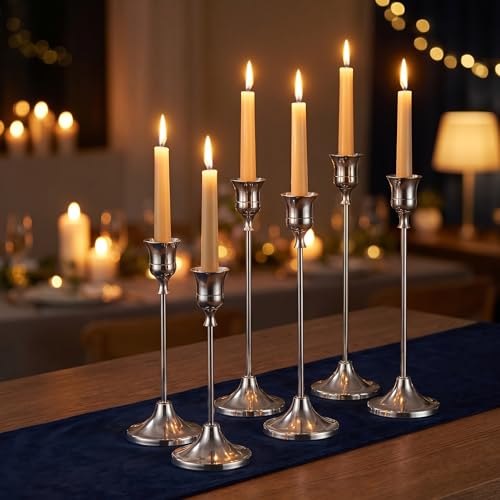 Silver Taper Candle Holders 2 Sets(6 Pcs) - Tall Metal Candlestick Holders for Table Centerpiece, Formal Dinner, Wedding, Fireplace Mantel Decor, Fits 3/4 Inch Thick Candles - color: Silver