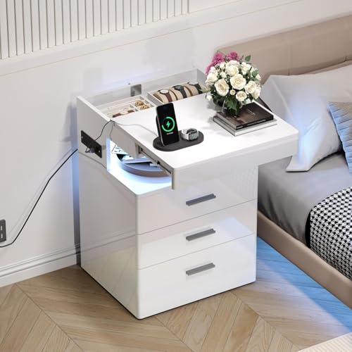 Treocho Led Nightstand with Hidden Space, Modern Night Stand with Charging Station, 3 Drawer Smart Nightstand with Glossy Finish, Tall Bedside Table with RGB Lights for Bedroom, White - color: White