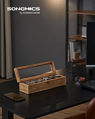 SONGMICS 6-Slot Watch Box, Watch Display Case with Large Glass Lid, Removable Watch Pillows, Velvet Lining, Gift Idea, Rustic Walnut UJOW006K01 - color: Rustic Walnut, size: 1 Layer 6 Slot