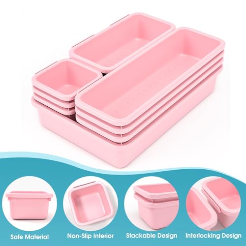 10 PCS Drawer Organizer Set, 4 Size Makeup Drawer Divider Organizer With Non-Slip Pads, Interlocking Plastic Storage Bins for Office,Jewelry Vanity,Gadgets, Bathroom,Kitchen, Pink - color: Pink, size: 10Pack