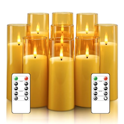 kakoya Flickering Flameless Candles Battery Operated with Remote and 2/4/6/8 H Timer Acrylic Led Pillar Candles Pack of 9 (appr D2.3"xH5.5"6.5"7.5")with Realistic 3D Wick Candles for Home Decor(Gold) - color: Gold