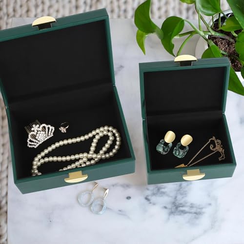 HofferRuffer Faux Leather Jewelry Boxes, Decorative Boxes Storage Accessory Organizer with Gold Hardware Decor, Classic Vegan Leather Set of 2 Pieces (Green) - color: Green