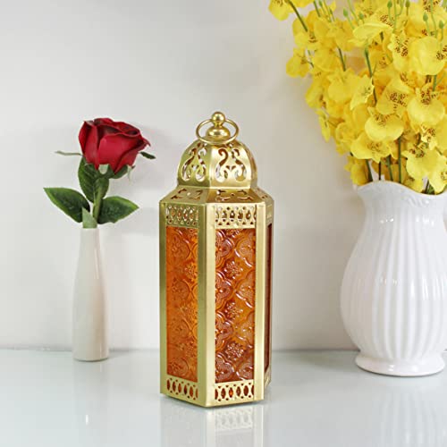 CVHOMEDECO. Decorative Candle Lantern Moroccan Lanterns Vintage Golden Metal Lantern Holder for Home Patio Outdoor Decor. Amber Glass, Medium - color: Amber G