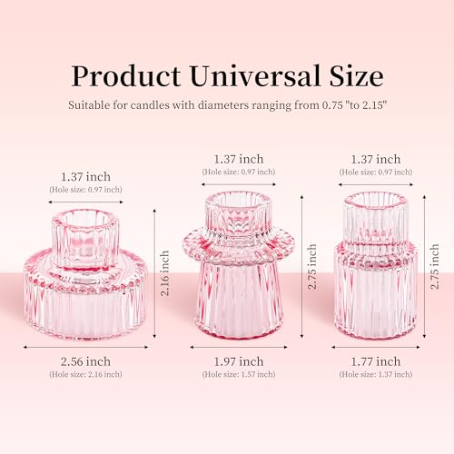 Taper Votive Candle Holder for Pillar Candles Tealight, Candlestick Holder for Wedding Christmas Tea Party, Boho Ribbed Vintage Crystal Glass Table Centerpiece Decor, Bulk Set of 6 (Pink) - color: Pink