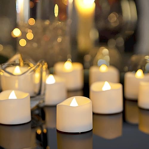 Homemory 48-Pack Novelty Flickering Flameless Tea Lights Candles, 200+Hours Battery-Operated LED Fake Candles for Wedding Table Centerpieces,Proposal,Anniversary, White Base, Ø1.5'' × H1.3'' - color: Warm White Glow, White Base, size: Pack of 48