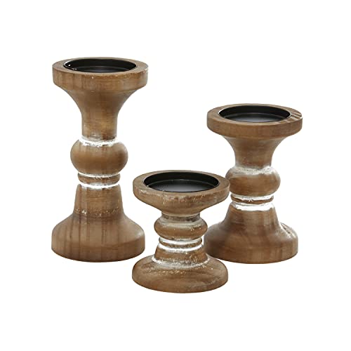Deco 79 Wood Decorative Candle Holder Beaded Pillar Candle Stand, Set of 3 Candlestick Holder 4", 6", 8"H, Brown - color: Brown