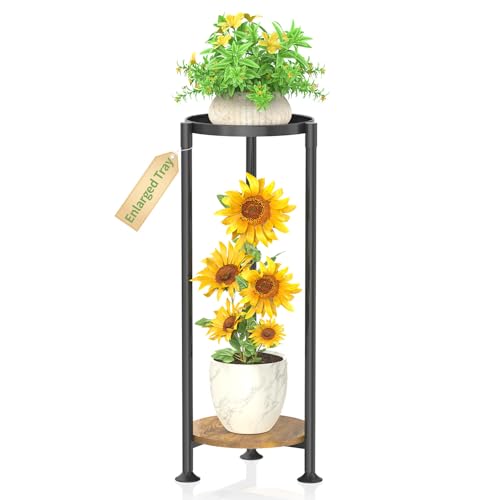 KMOTASUO 2 Tier Black Plant Stand Indoor for Large Tall Heavy Duty Planter, Multiple Sturdy Metal Flower Corner Rack for Narrow House Floor, Iron Vertical Level Round Orchi Holder Organizer, Modern - color: Black + Brown, size: 2 Tier