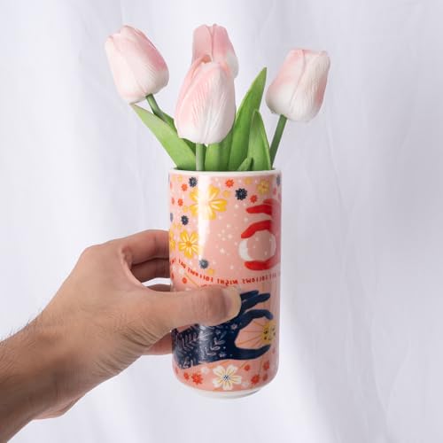 Cute Ceramic Flower Vase - Unique Abstract Art Deco Aesthetic Vase - Medium Colorful Design Features Hands Holding Sun and Moon, Ideal for Living Room and Dining Table - Thoughtful Housewarming Gift - color: "Night Asks Day" Vase
