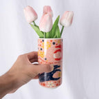 Cute Ceramic Flower Vase - Unique Abstract Art Deco Aesthetic Vase - Medium Colorful Design Features Hands Holding Sun and Moon, Ideal for Living Room and Dining Table - Thoughtful Housewarming Gift - color: "Night Asks Day" Vase