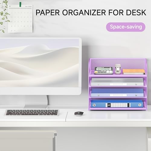 Lavatino 4-Tier Paper Organizer Trays - Purple Mesh File Folder Sorter with Handles, Desk Letter Holder Organizer for Office, Home, School Supplies Storage & Organization - color: 4 Tier - Purple