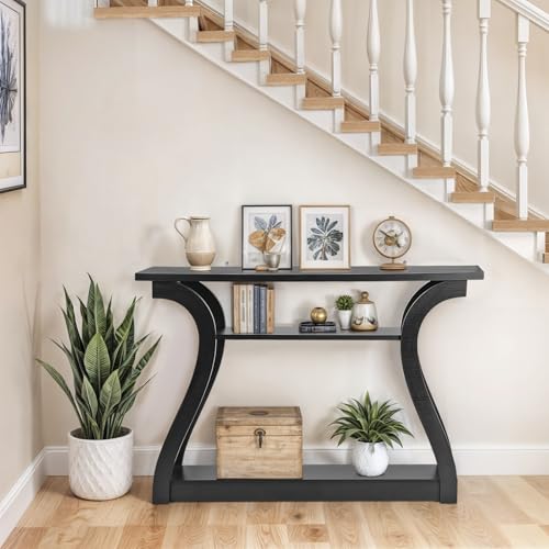 SUPER DEAL Wood Console Table 3 Tier Narrow Entryway Table with Curved Frame and 2 Open Storage Shelves Accent Sofa Table for Hallway Living Room Bedroom, 47 in Black - color: Black