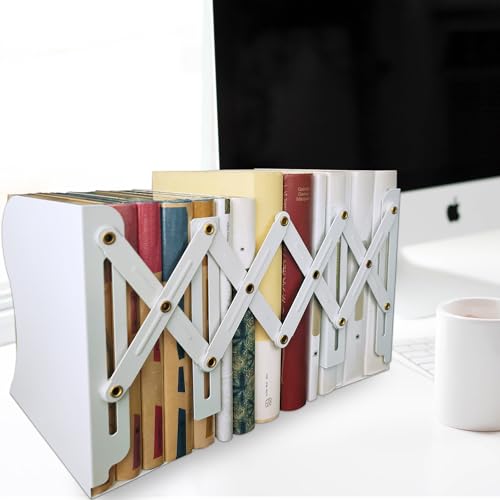 Metal Bookends, Book Ends for Heavy Books, Adjustable Book Holder for Shelves, Book Stopper for Home/School/Office, Extends up to 19 inches, White - color: White-new