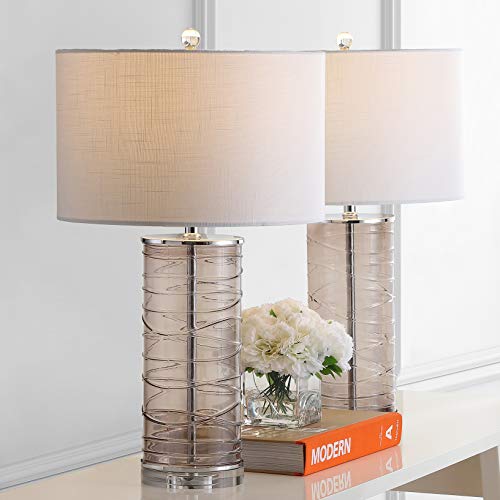 JONATHAN Y 27.5" Smoky Gray Modern Fused Glass Table Lamp Set of 2 for Bedroom Living Room, Coastal Nightstand Bedside Lamp with White Linen Shade, LED Bulbs Included (JYL4016C-SET2) - color: Smoky Gray