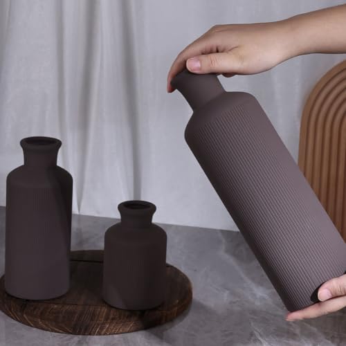 Brown Ceramic Vases Set - 3 Brown Small Vase, Farmhouse Country Vases Home Decor, Living Room Decoration, Table Decoration, Fireplace Decor, and Entrance Decorations Centerpieces - color: Dark Brown