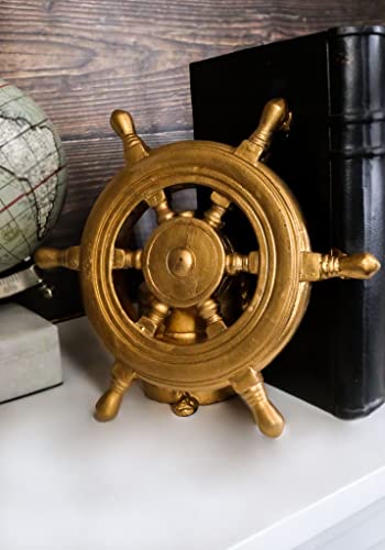 Ebros Nautical Coastal Marine Home Decor Ship Anchor and Captain's Helm Wheel Bookends Pair Set Statue 7.5" Tall in Gold Finish Decorative Office Study-Room Library Desktop Figurines