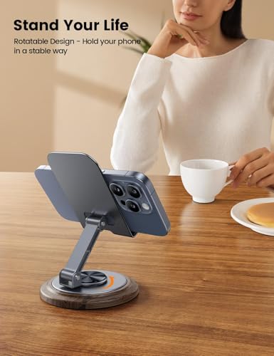 Adjustable Cell Phone Stand,360 Rotating Foldable Desktop Cellphone Stand with Anti-Slip Base Portable Phone Holder for iPhone 17 16 15 14 13 Pro Max, All Smart Phones, iPad (Wood Grain Black) - color: Wood Grain Black