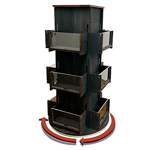 Rotating Display Stand, 3 Tier Wooden Organizer, 4-Sided Display Rack, 360 degree Spinning Multi-Pocket Tabletop Display Stand for Coasters, Stickers, Retail, Showcase, Tradeshow, 17”H, Ebony Color - style: EBONY
