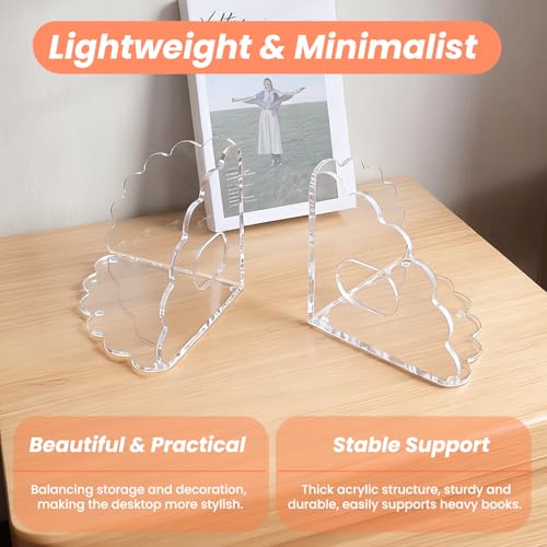 Scalloped Acrylic Bookends 4 Pack, Heavy Duty Clear Book Holder Stands with Non-Slip Pads for Large Books, Files, CDs & Games, Modern Shelf & Office Organizer - color: 4 Pcs