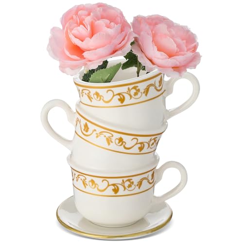 Tioncy Mini Teacup Bud Vase 5" Wonderland Tea Party Decoration Antique Vintage Kitchen Decor Whimsy Ceramic Vase Tea Party Favor for Wedding Gift Birthday Bridal Showers Home - color: Moss, size: 5 Inch