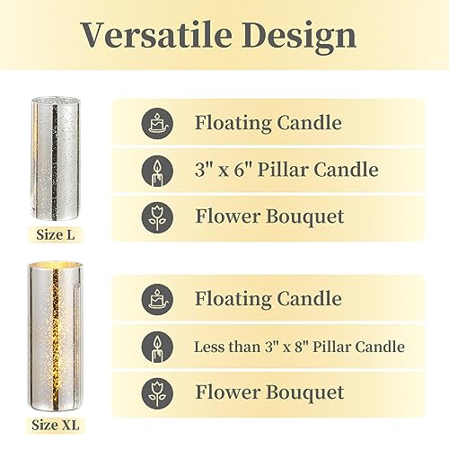 Glass Cylinder Vases Set of 12, Hewory Glittery Silver Vase for Centerpieces, Glass Hurricane Candle Holders for Pillar Floating Candle, Round Tall Vase for Wedding Anniversary Events Home Table Decor - color: Silver