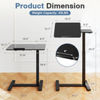 DUMOS Overbed Bedside Table Adjustable with Wheels, Mobile Standing Stand Up Rolling Laptop PC Desks with Tilting Top Height Tray Sofa Side Computer Workstation for Bedroom on Hospital Home Use, Black