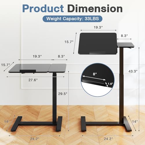 DUMOS Overbed Bedside Table Adjustable with Wheels, Mobile Standing Stand Up Rolling Laptop PC Desks with Tilting Top Height Tray Sofa Side Computer Workstation for Bedroom on Hospital Home Use, Black