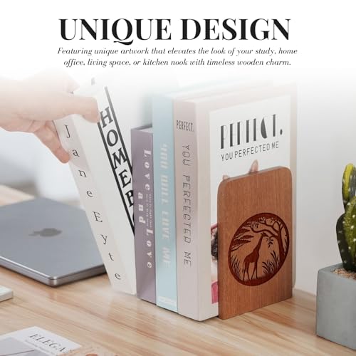 Giraffe Gifts, Giraffe Bookends - Heavy Duty Iron & Ebony Wood Book Ends for Shelves Bookcase Desk - 1 Pair, 4.72x6.69 Inches - Eating Leaves - color: Eating