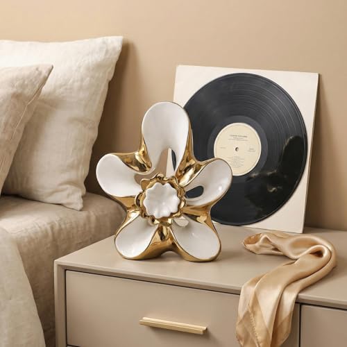 Ceramic Statue Home Decor Aesthetic Abstract Flower Sculpture Modern Decorative Statues for Living Room Bedroom Bookshelf Desktop Dinging Table Centerpiece Office (White and Gold) - color: White and Gold