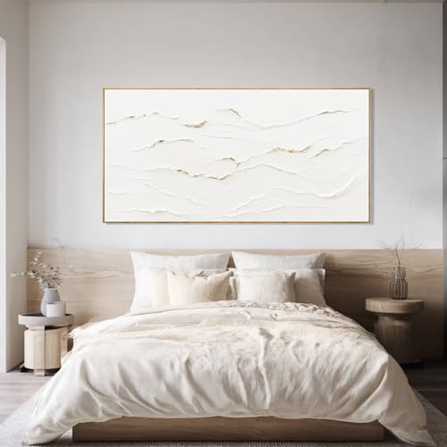 WINKAILIN Large Wavy Line White Abstract Wall Art with Frame Minimalist Modern Hand drawn Painting Textured Poster for Living Room Dining Room Bedroom Decor 29"x58" - color: White and Gold, size: 58"L x 29"W
