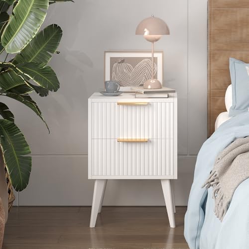 YAUKOMEL Fluted Nightstand with 2 Drawers,Modern Bedside Table with Metal Handles,Side Table with Solid Wood Legs,End Table for Living Room,Bedroom,Small Spcae 11.8" D x 15.7" W x 22.8" H White CTG55W - color: White, style: Fluted Style