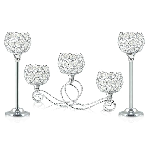 Silver 5 Arm Metal Crystal Tea Light Candle Holder, Elegant Wedding Table Centerpiece Candle Holder, Christmas Wishing Crystal Bowl Candle Holder Suitable for Wedding Party Living Room Decoration - color: Silver, size: Set of 3
